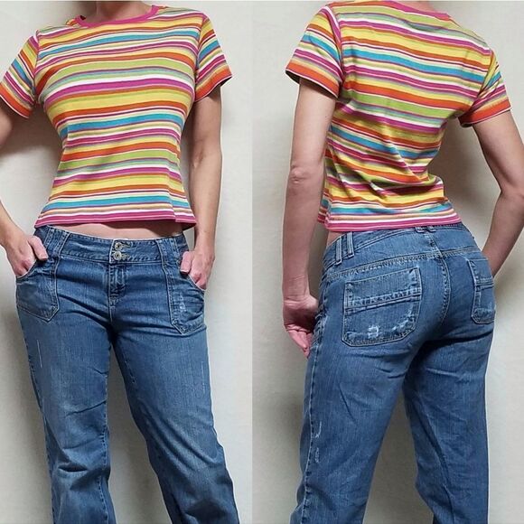 VINTAGE 90s Y2K Sag Harbor Rainbow Striped Short Sleeve Cropped Tee T-shirt S - Picture 1 of 12